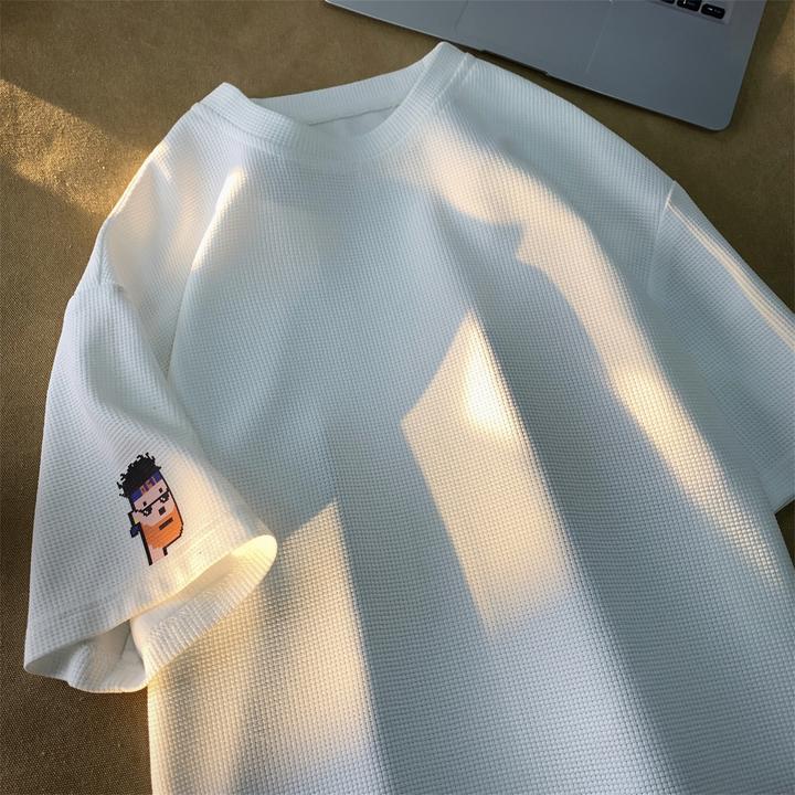 殿若华夫格印花短袖T恤男加大码潮流胖子宽松圆领夏季装体恤港风
