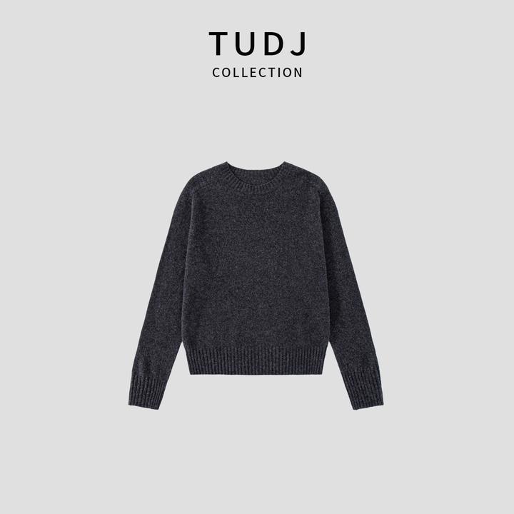 【TUDJ】100%绵羊毛圆领针织长袖打底毛衣秋冬款极简风纯色内搭上衣