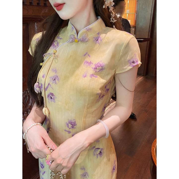 【现货】GA盈瓷紫韵千金晕染印花改良旗袍裙女夏新中式国风连衣裙