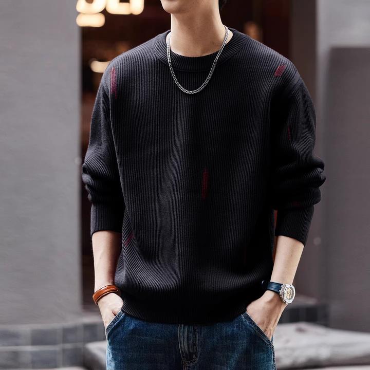 美式重磅慵懒风保暖针织衫男圆领宽松潮牌秋冬款打底毛线衣百搭