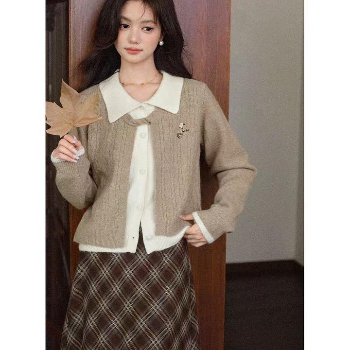 秋季法式短款假两件卡其色秋冬复古毛衣上衣H869