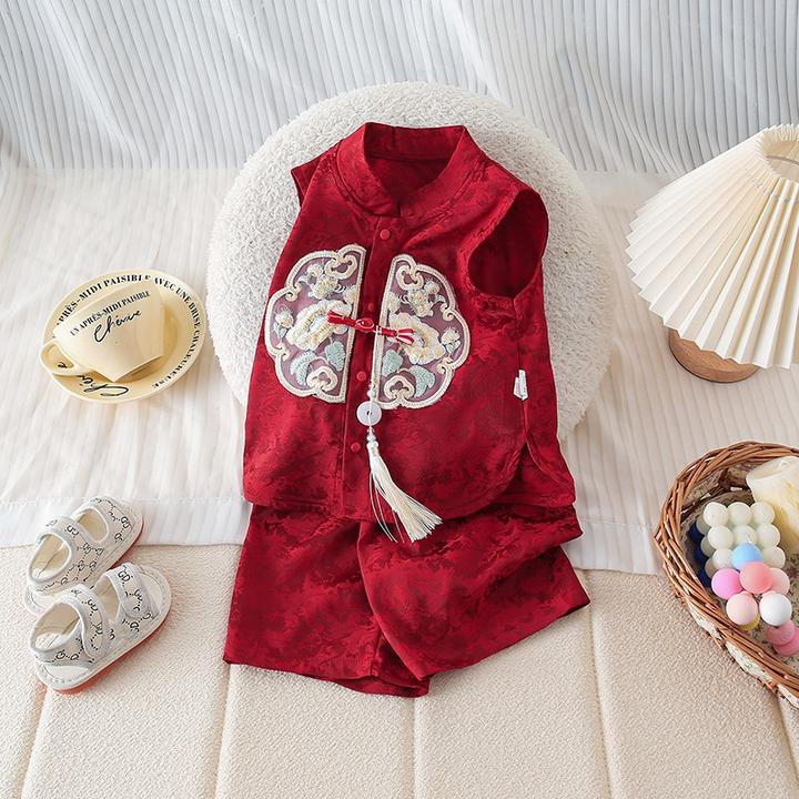 男宝宝夏季套装中式唐装分体两件套婴儿百天周岁礼服国风送礼衣服