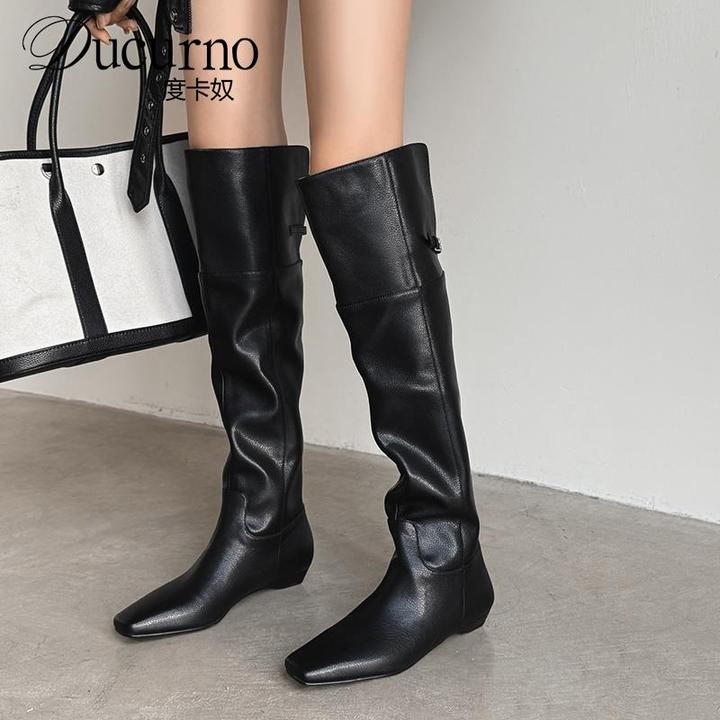 DUCURNO翻折两穿及膝长筒靴女2025新款坡跟真皮骑士靴方头堆堆靴
