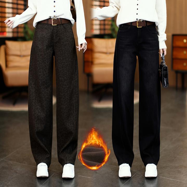 2025年冬季加绒加厚百搭宽松高腰显瘦时尚大码休闲牛仔弯刀裤女
