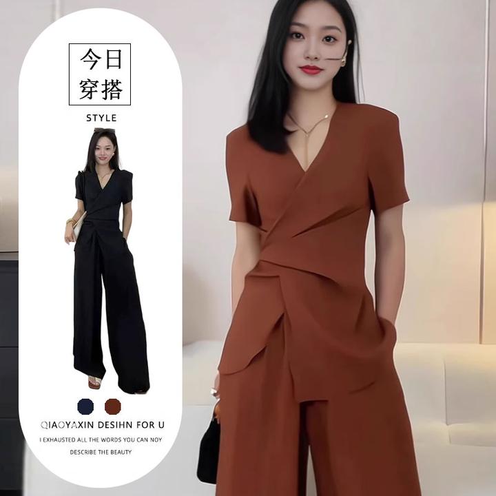 夏季大码时尚西装套装女胖mm法式收腰V领设计感西服阔腿裤两件套