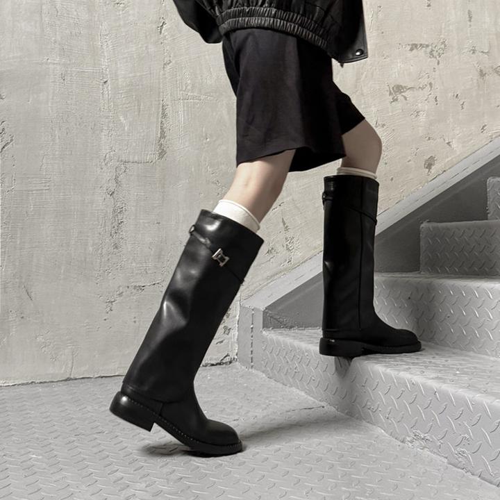 真皮圆头厚底高筒骑士靴女2025秋冬新款英伦风裤管靴不过膝长靴