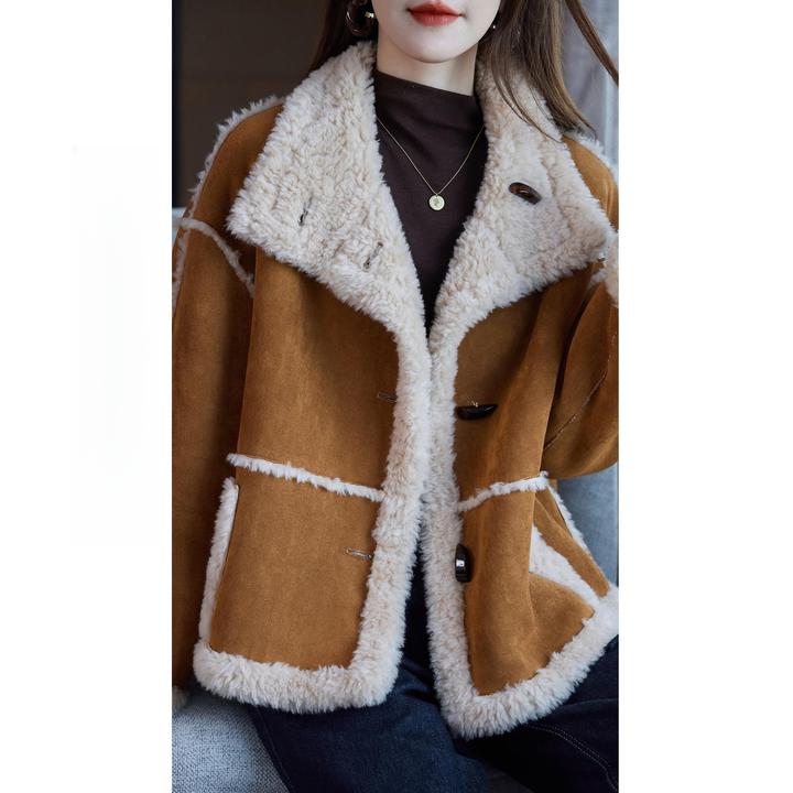 冬季新款时尚设计感两面穿羊毛复合皮毛一体外套女装加绒加厚保暖