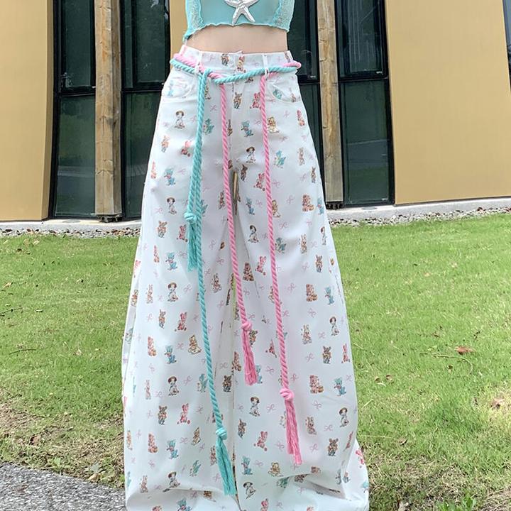 韩系满印卡通阔腿牛仔裤女秋季新款多巴胺设计感宽松直筒拖地裤子