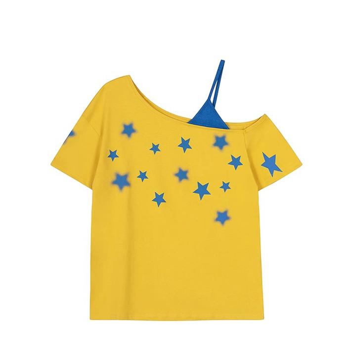 原版潮牌斜肩星星印花纯棉短袖T恤女夏季宽松纯欲甜辣妹露肩上衣