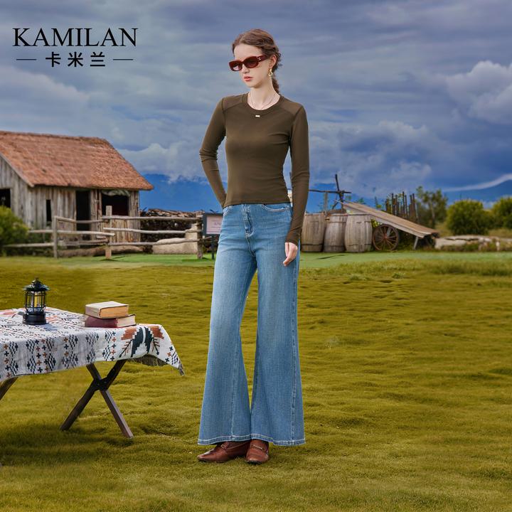 卡米兰阔腿牛仔裤直筒2025秋新款版型超好看的微喇裤子女款小个子
