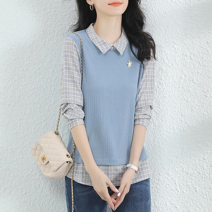 【假两件涤氨混纺拼接】春秋新款衬衫袖假两件打底衫女撞拼色