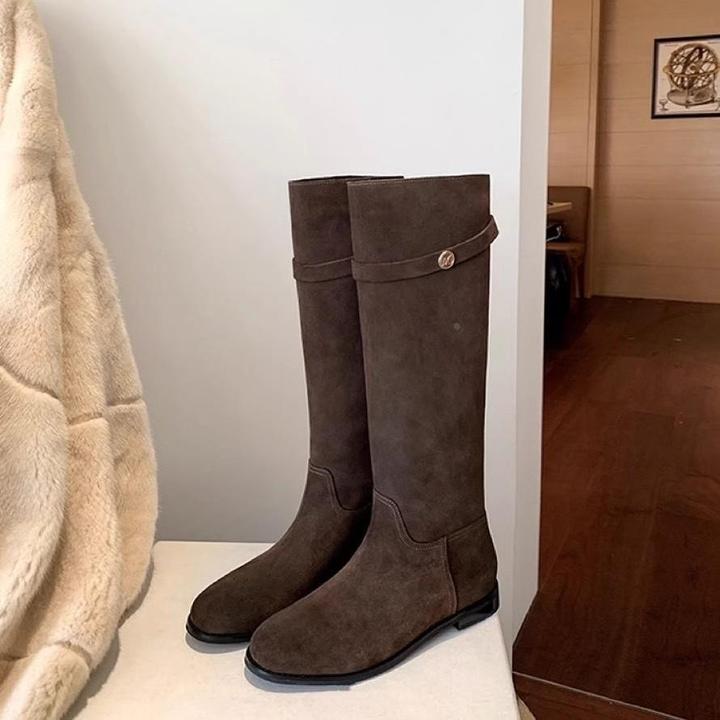时装靴小金扣真皮厚底骑士靴粗跟长靴女秋韩系宽筒高筒靴长筒靴