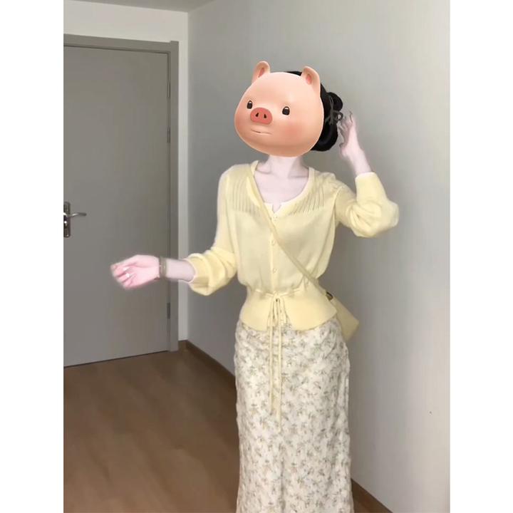 A1303#秋季新款韩系穿搭系带圆领针织上衣气质高腰显瘦碎花半身裙