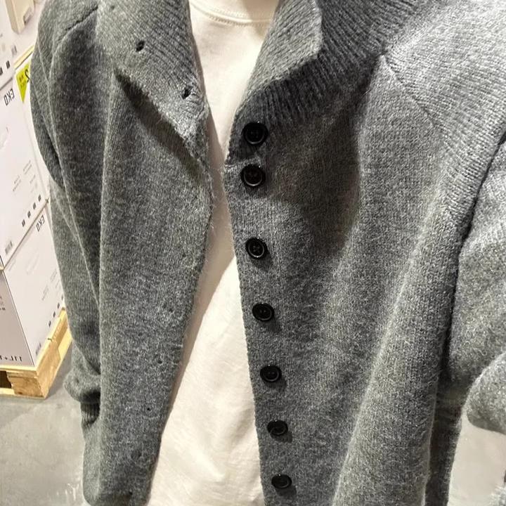 美式复古立领排扣毛衣开衫外套男装款早秋设计感纯色修身情侣上衣