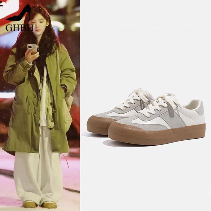 难哄章若楠温以凡同款鞋黄底德训鞋厚底小白鞋系带平底女运动板鞋