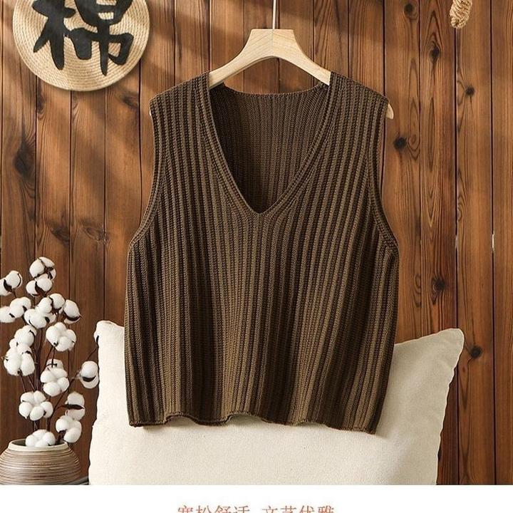 100%棉秋冬季宽松遮肉百搭透气打底无袖针织V领马甲背心女上衣