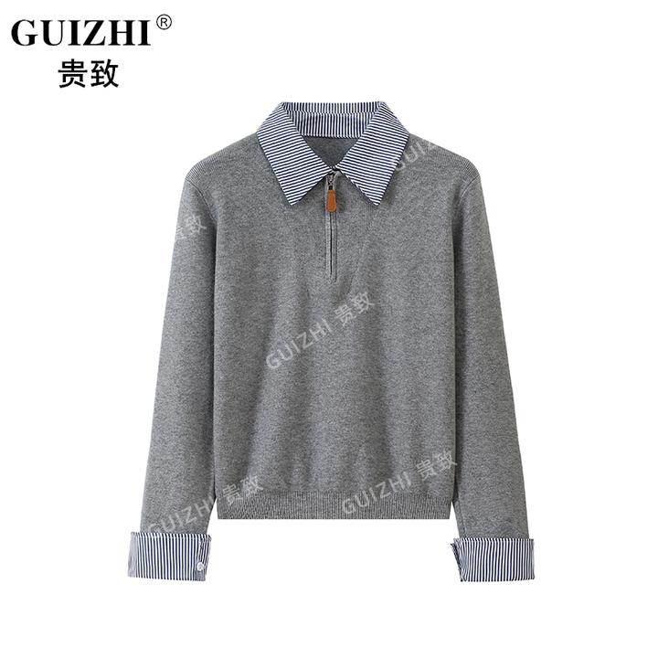 韩系2025秋季新款韩版设计感小众拼接撞色假两件拉链针织衫女打底