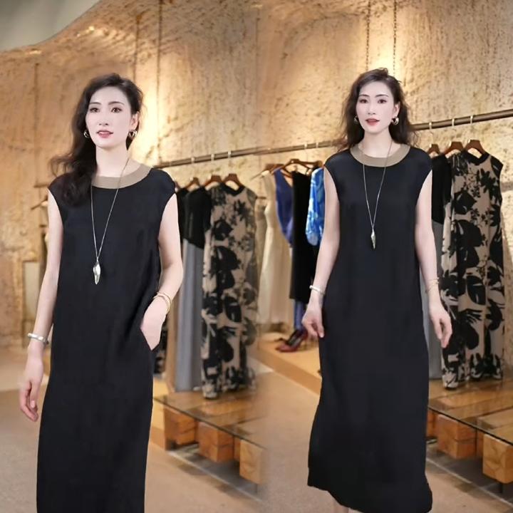 美式赫本风黑色系带优雅轻奢休闲百搭气质连衣裙长裙裙子网红女装
