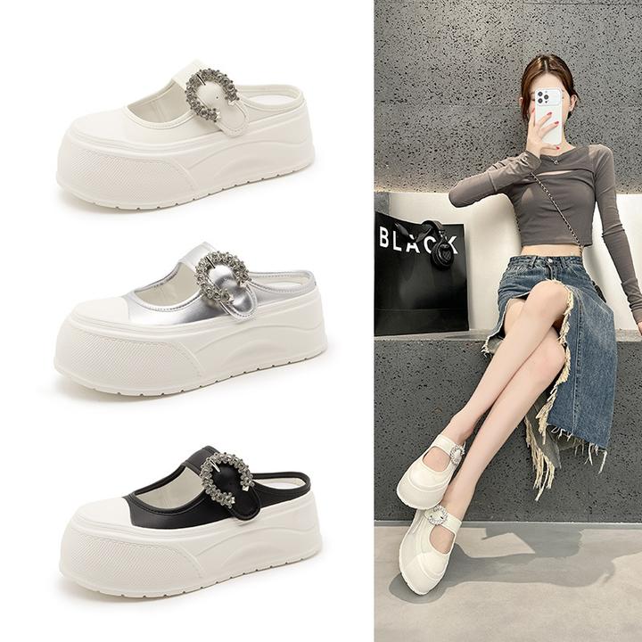 万达撤柜头层牛皮包头拖鞋小白鞋2025新款水钻厚底松糕休闲鞋女鞋