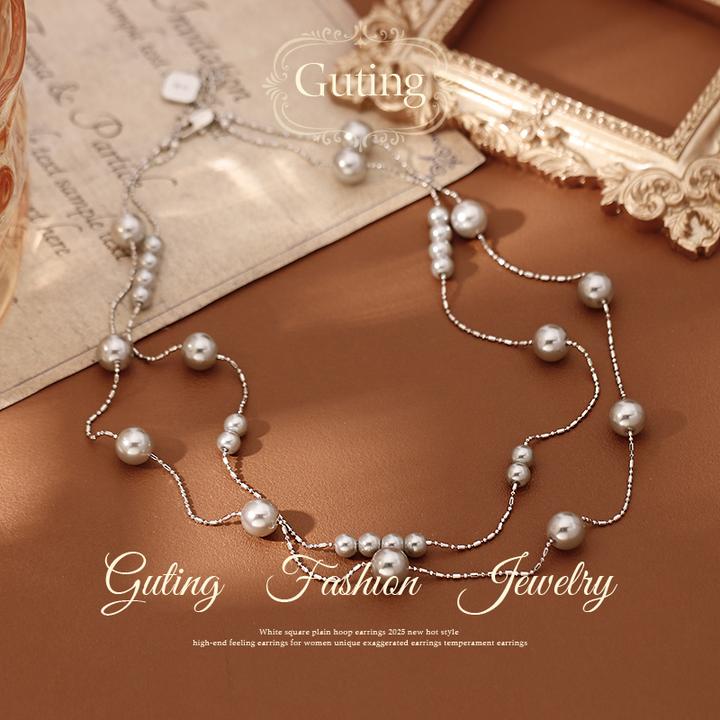 铜合金项链 6929多层珠珠配裙子项链女轻奢小众高级配饰锁骨链