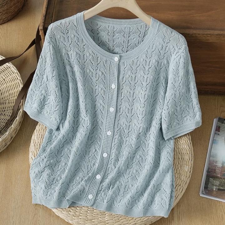 夏季新款麻料针织短袖镂空开衫女文艺复古凉感空调衫显瘦百搭上衣