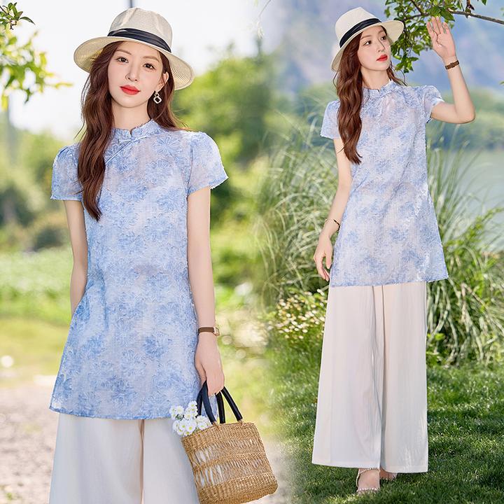 新中式刺绣套装裤女2025夏季知性风改良旗袍盘扣上衣阔腿裤两件套