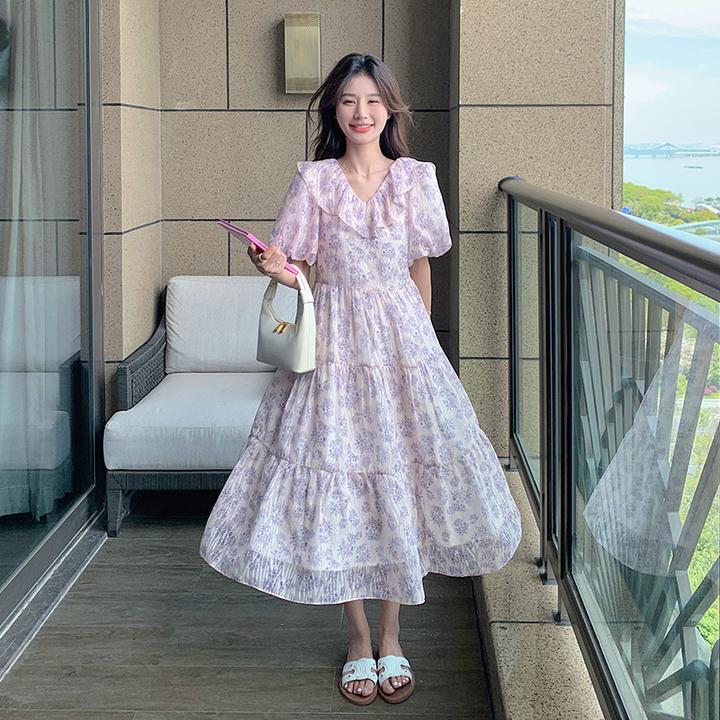 2025法式连衣裙浪漫荷叶边高腰雪纺裙碎花气质初恋收腰显瘦复古