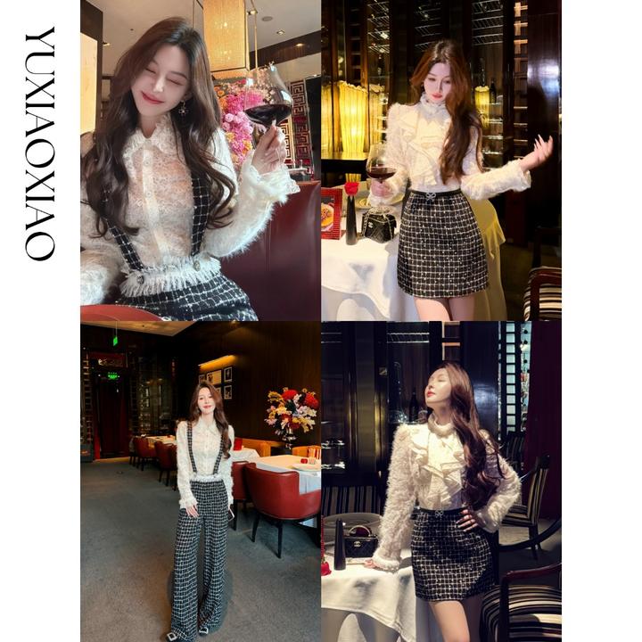 余潇潇【镜中爱丽丝】气质珠片蕾丝拼接编织小香连衣裙&衬衫&背带裤