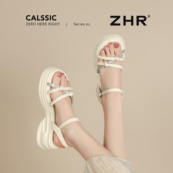 ZHR厚底凉鞋女2025夏季新款外穿法式一字带水钻复古风罗马沙滩鞋