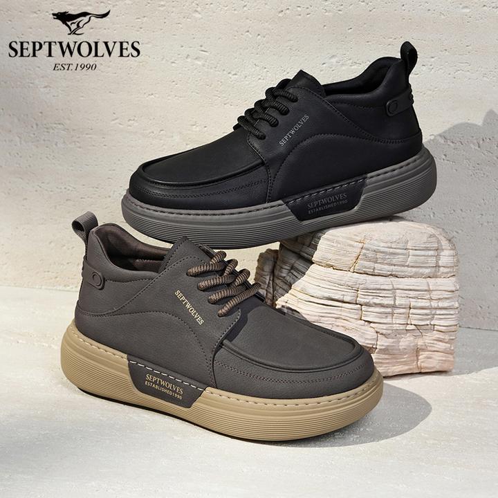 七匹狼男鞋耐磨圆头系带英伦风减震休闲皮鞋秋季黑色鞋子防滑高帮