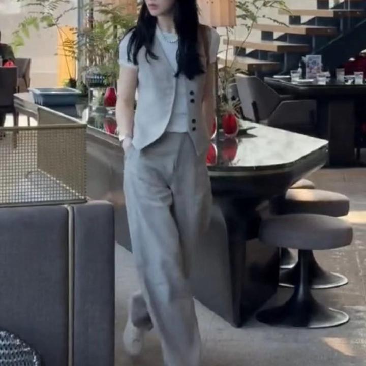新款盐系显瘦气质洋气百搭马甲减龄休闲时尚阔腿长裤女装T1558