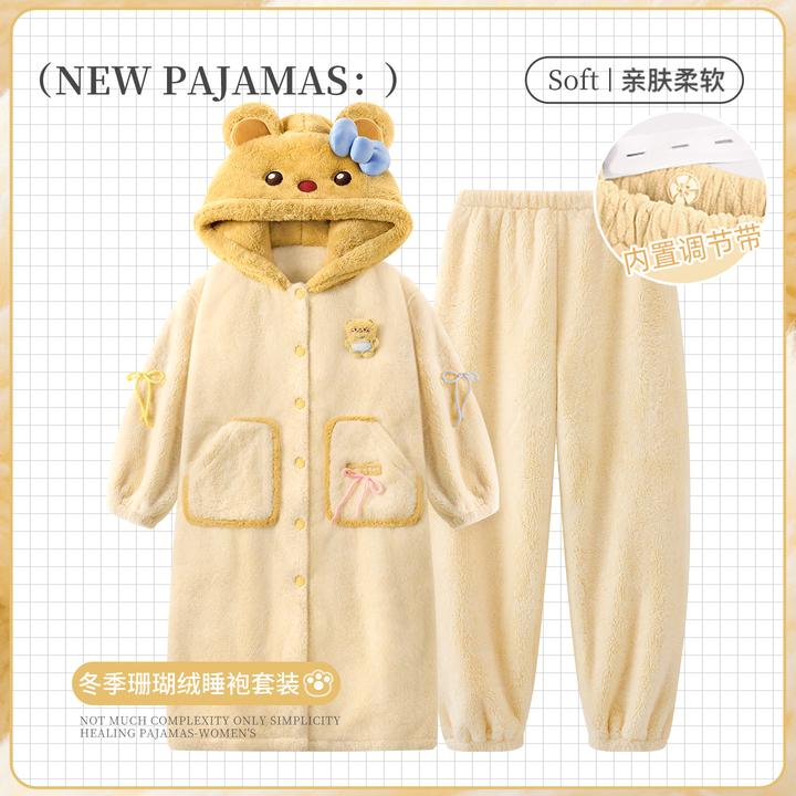 秋冬季睡衣女加厚加绒产后孕妇月子服珊瑚绒法兰绒睡袍家居服套装