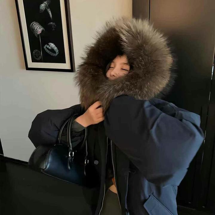 天使之翼派克羽绒服貉子毛领羽绒服女冬季加厚保暖牛角扣连帽