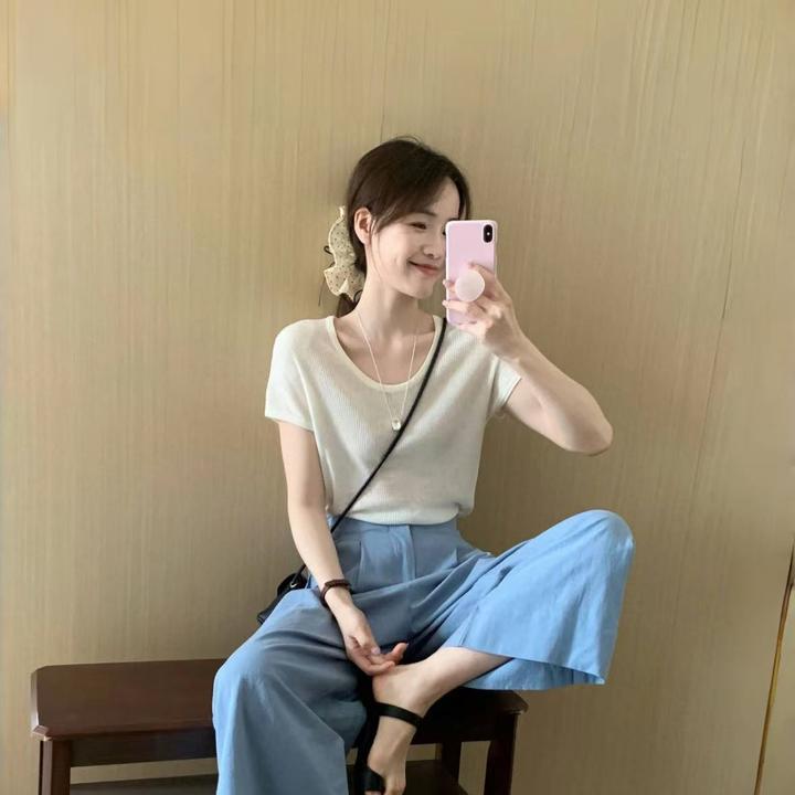 【夏日选择】韩系休闲套装女夏装简约气质显瘦小上衣阔腿裤休闲气质