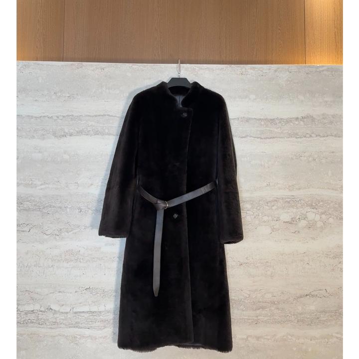 TANTAN中长款冬季大牌系带进口羊皮毛外套4237