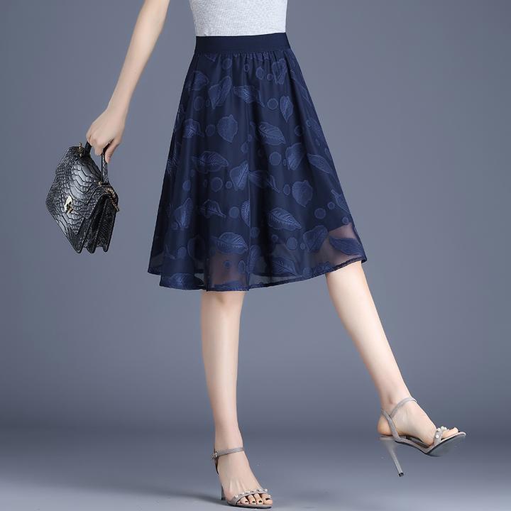 拉夏贝尔2025夏季新款气质显瘦网纱半身裙女中长款印花百褶a字裙