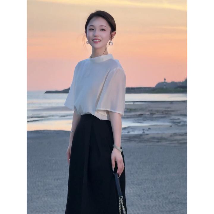 2025夏季新款韩系减龄高级感气质衬衫上衣高腰黑色半身裙两件套女