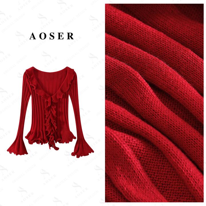 AOSER荷叶边长袖收腰设计师针织衫显瘦时尚女秋冬季气质百搭2576