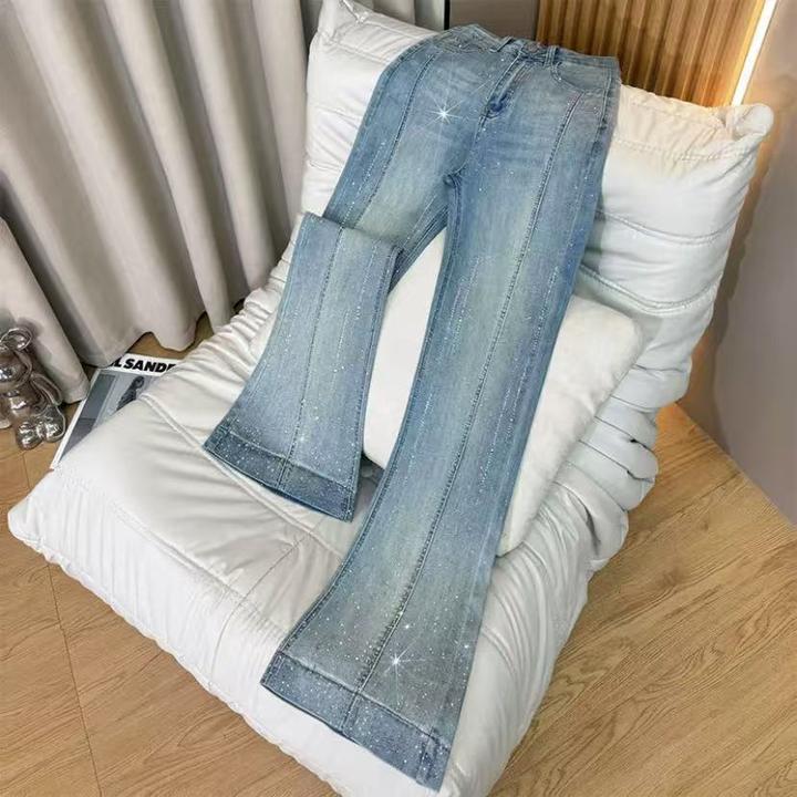 2025年春夏新款湖水蓝弹力高腰阔腿微喇裤烫钻显高显瘦牛仔裤女士