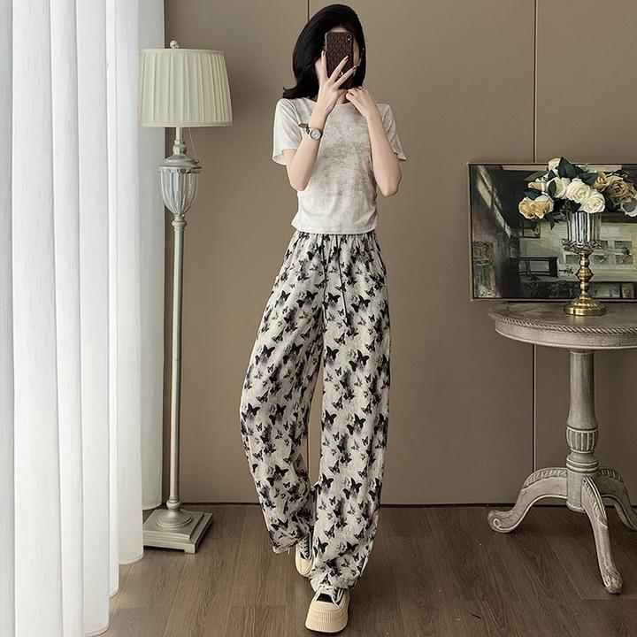 今年流行时尚休闲套装女夏季洋气小个子扎染短袖印花雪纺阔腿长裤