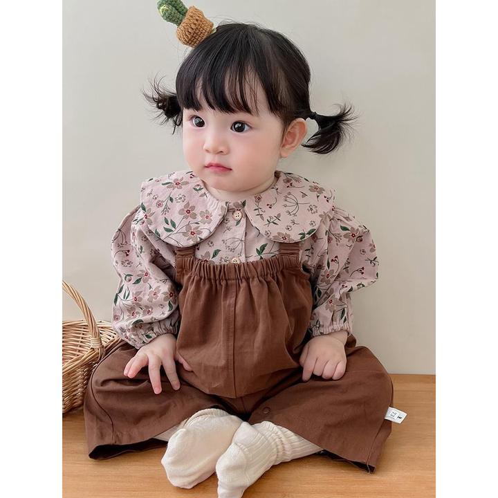 韩版婴儿衣服春秋套装女宝宝洋气碎花上衣背带裤两件套婴幼儿爬服