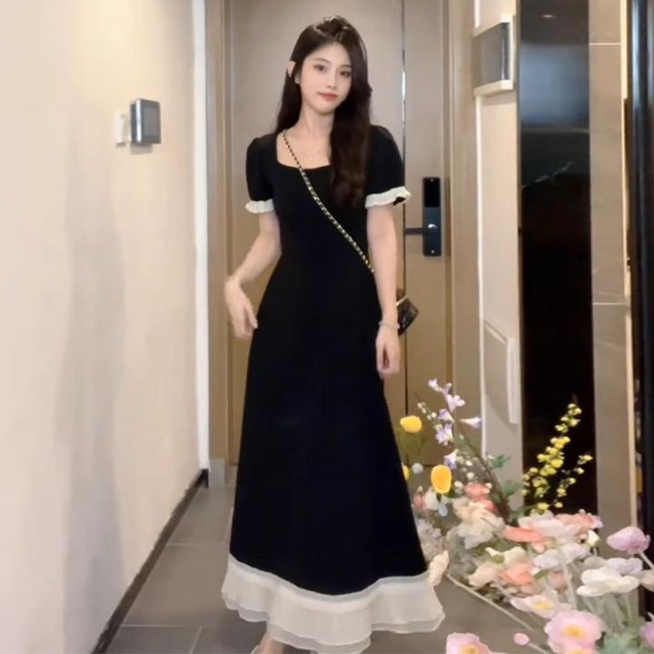 大码女装早秋小众设计感拼接连衣裙胖mm遮肉显瘦法式赫本风小黑裙