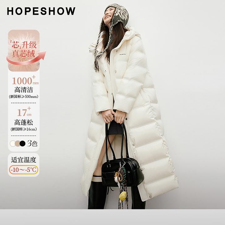 红袖2025冬款 白鸭绒条形压胶字母印花抽绳连帽羽绒服90125370905