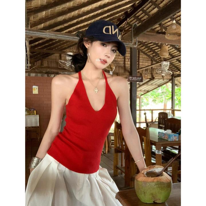美式辣妹挂脖红色针织背心女夏季修身外穿性感露背短款打底衫上衣