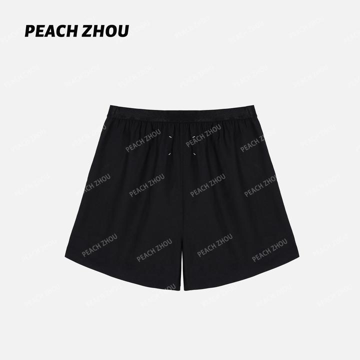 『PEACHZHOU』羊毛混纺后四缝线压褶弹力织带休闲纯色宽松阔腿短裤