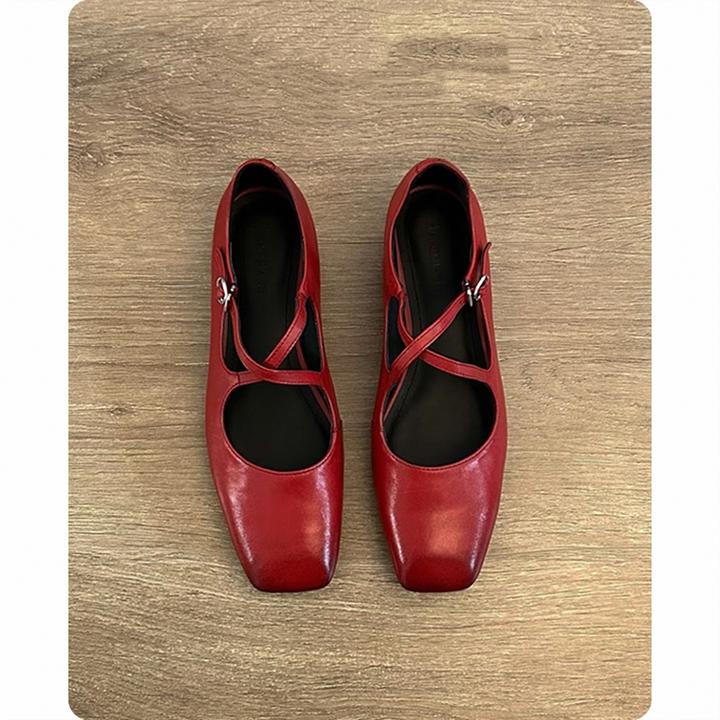 羊皮款~复古法式单鞋女平底红鞋子浅口芭蕾晚晚鞋交叉带玛丽珍鞋