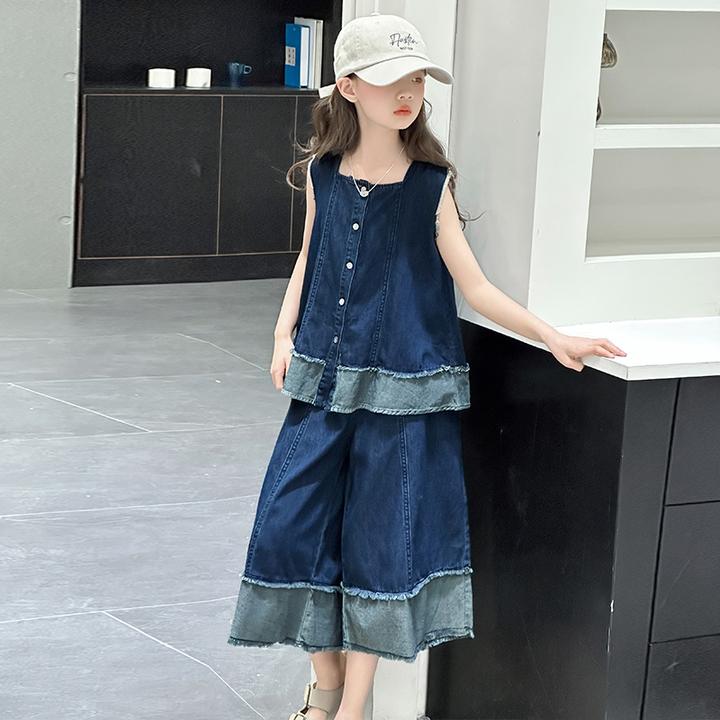 女童夏季2025新款洋气女大童夏款时髦牛仔拼接背心阔腿裤套装