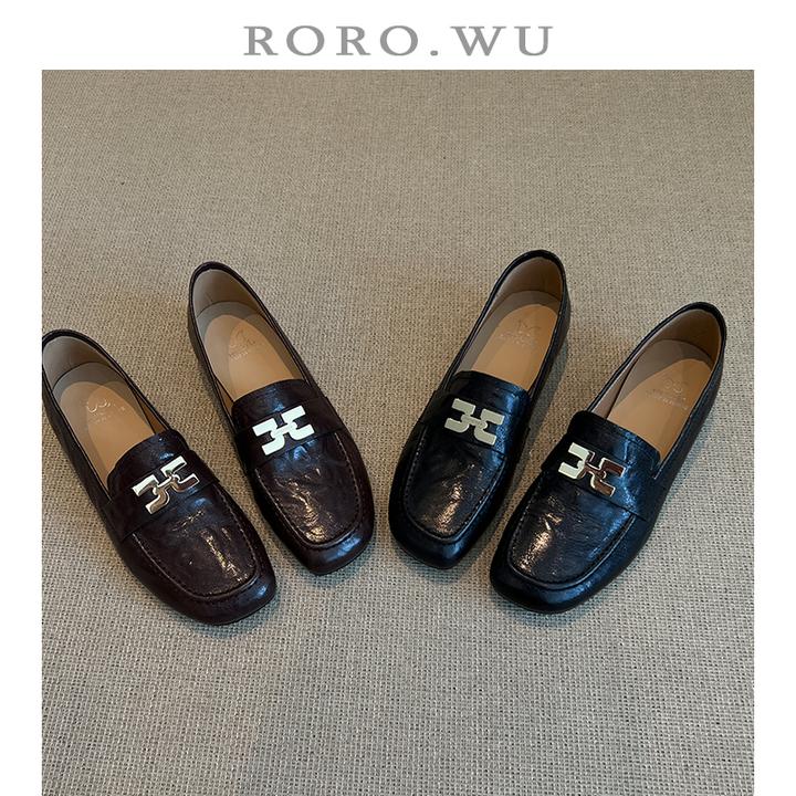 娆娆吴·羊皮休闲老钱风复古轻奢一脚蹬乐福鞋百搭粗跟单鞋A178