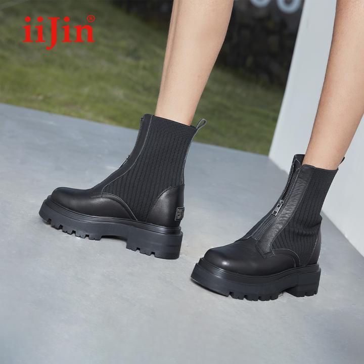 【明星同款】iiJin艾今经典9cm厚底内增高针织马丁短靴女YF611HKF