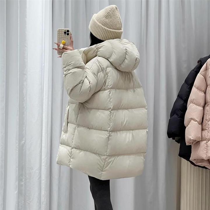 云朵少女连帽廓形羽绒服女中长款2024新款冬装韩版白鸭绒外套加厚